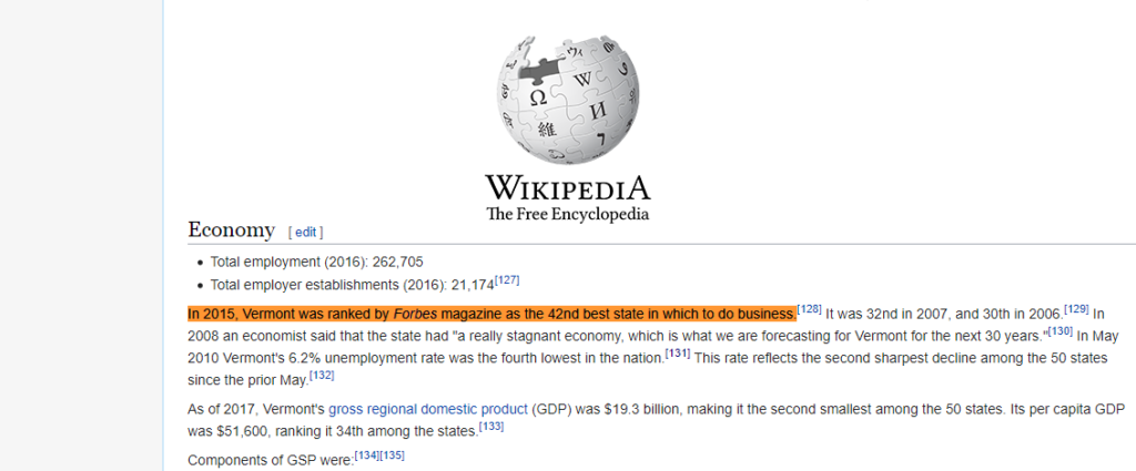 Wikipedia VT 42nd Worst Business State